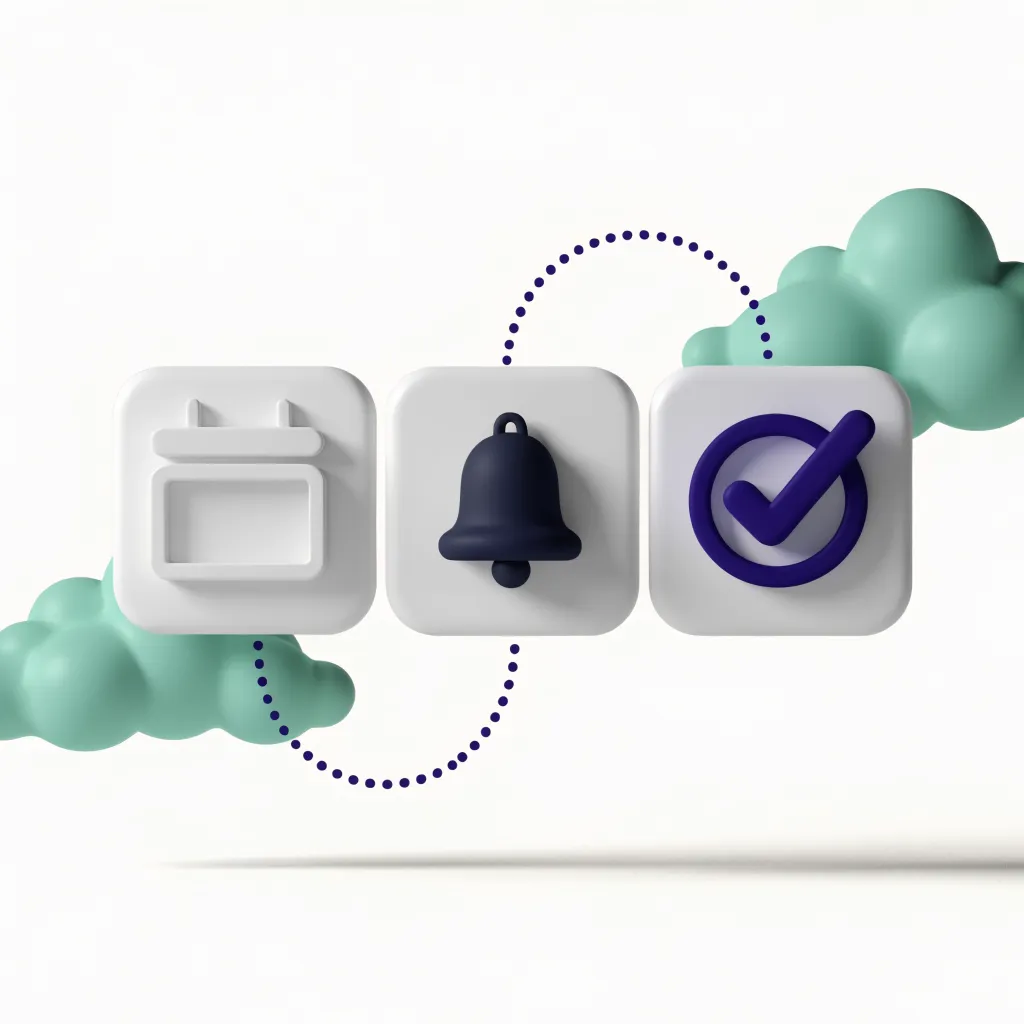 Illustration: a calendar card, a reminder card and a checklist card linked by a dotted line among clouds.