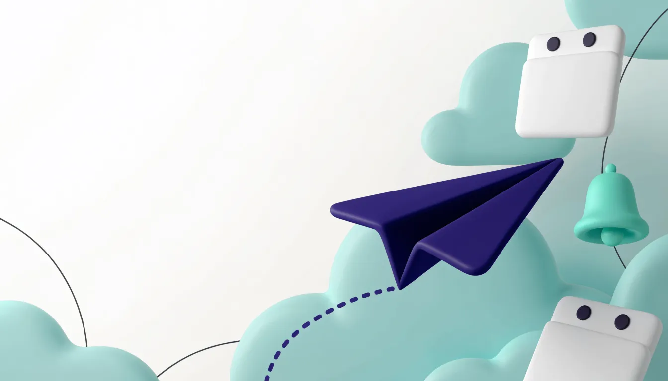 Illustration: an indigo paper airplane glides along a dotted path past calendar cards and a reminder bell among soft mint clouds.